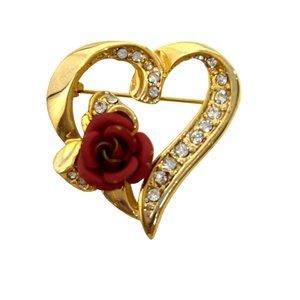Heart Brooch Pin Gold Tone Red Ceramic Rose Clear Rhinestones Shiny Roll Tab Arm